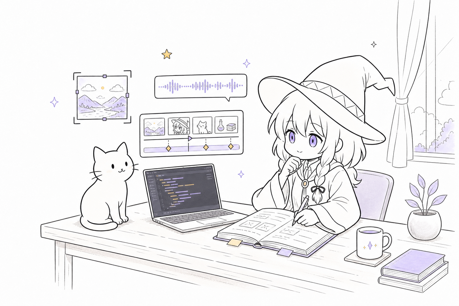戴巫师帽的女孩和猫在工作台前写作与制作软件