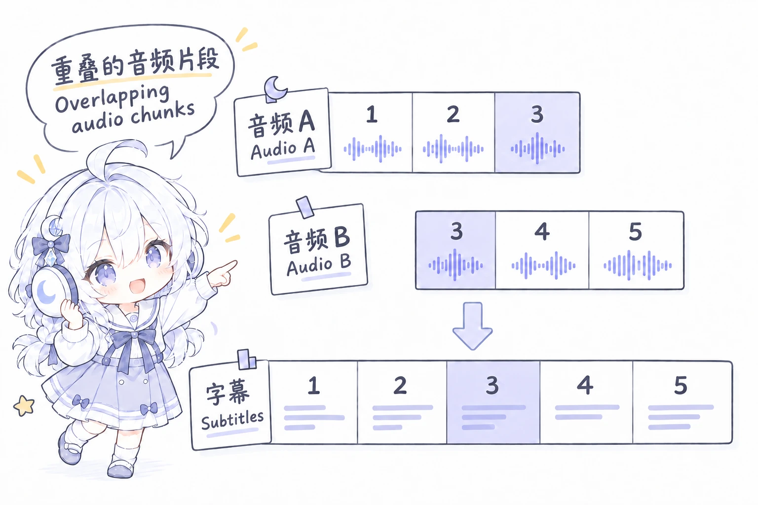 白发妹妹展示两段音频：第一段包含 1、2、3，第二段包含 3、4、5，合并后的字幕只保留一次 3