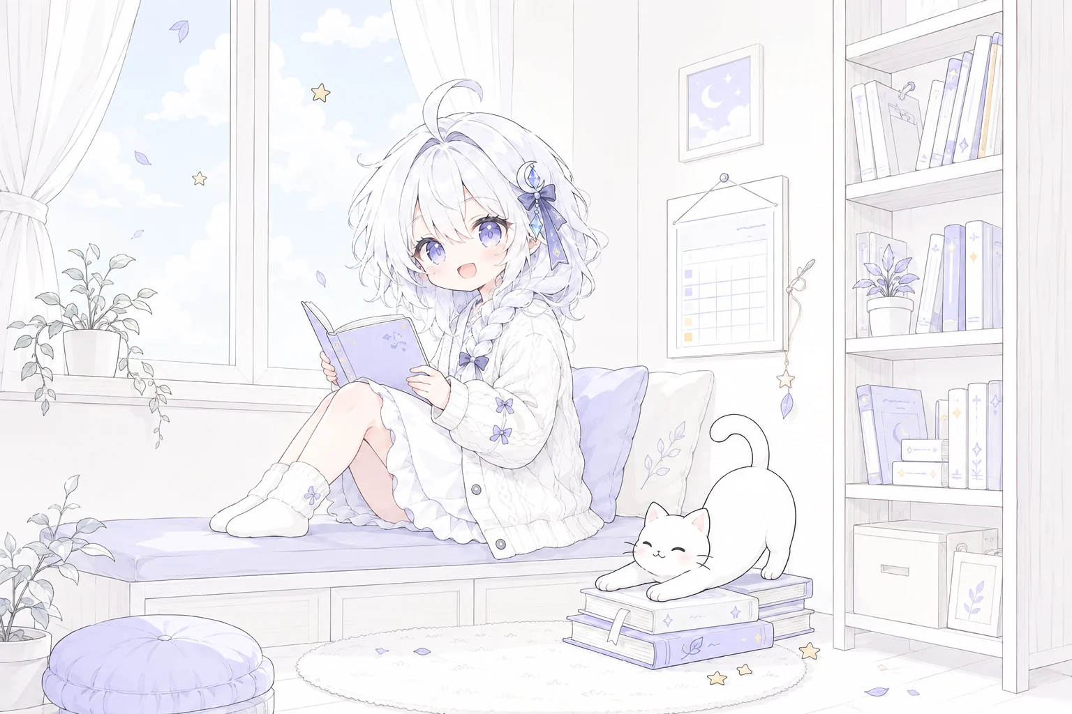 The white-haired chibi girl looks up from her book by a studio window while a white cat stretches on a stack of books
