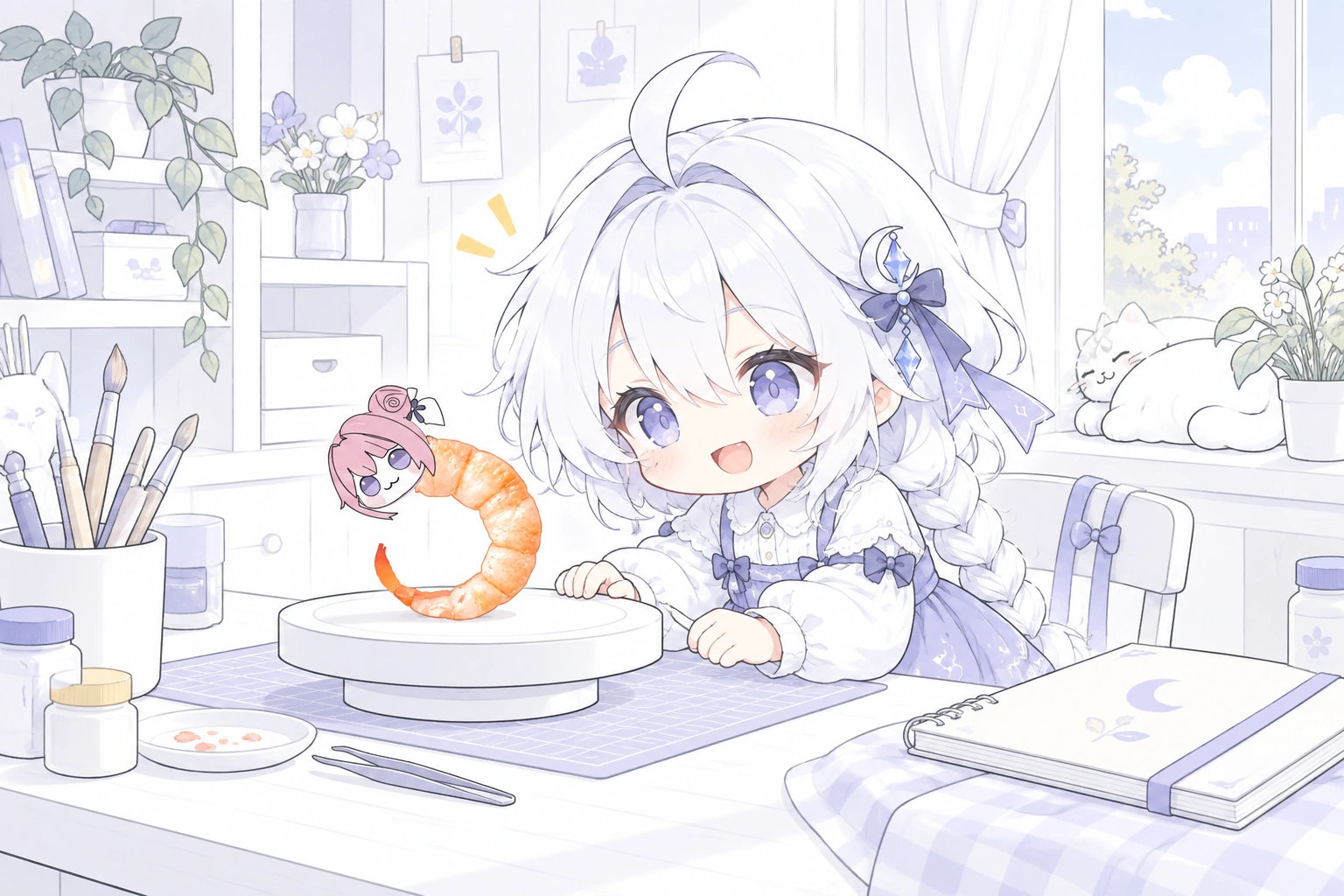 白发小女孩在桌边看一个模型