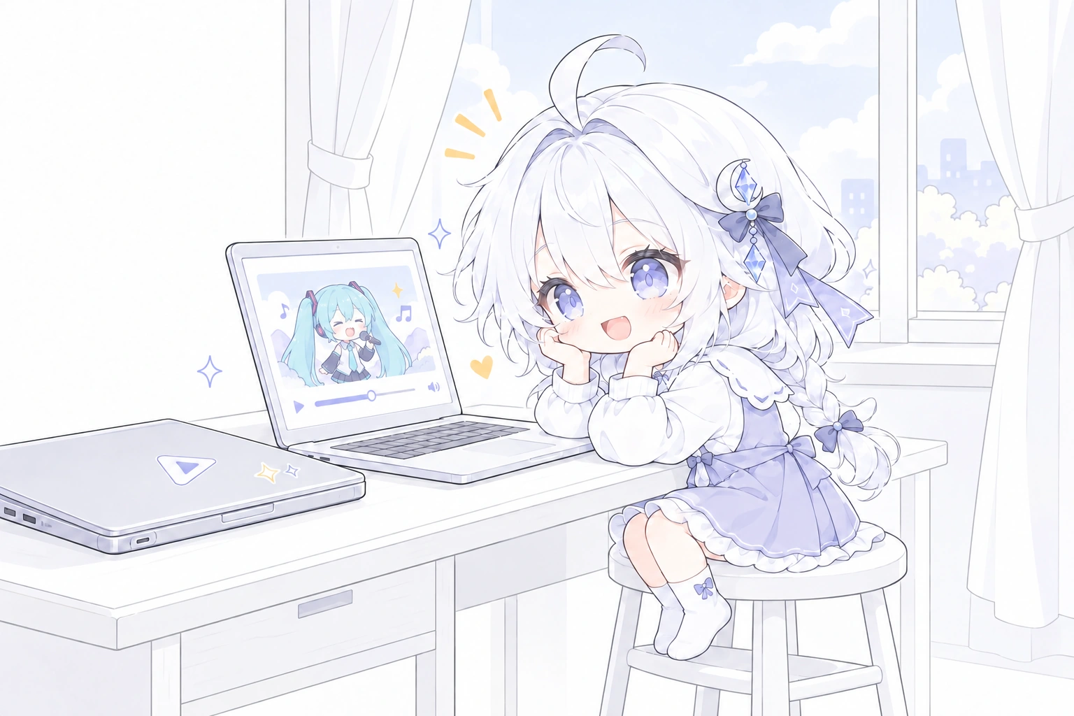 白发 Q 版妹妹坐在桌边看笔记本里的初音音乐视频，旁边放着一台旧笔记本