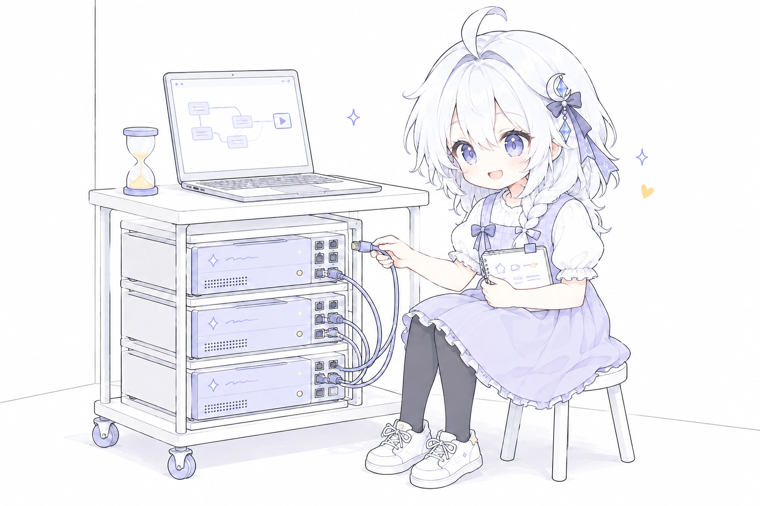 白发女孩拿着线缆检查小型服务器，旁边的电脑显示工作流