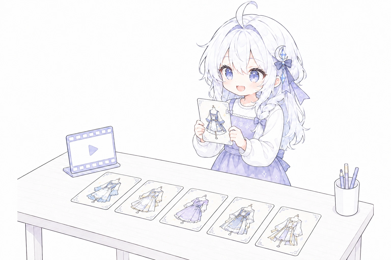 白发女孩展示一张服装草图，桌上另有五张草图和视频图标
