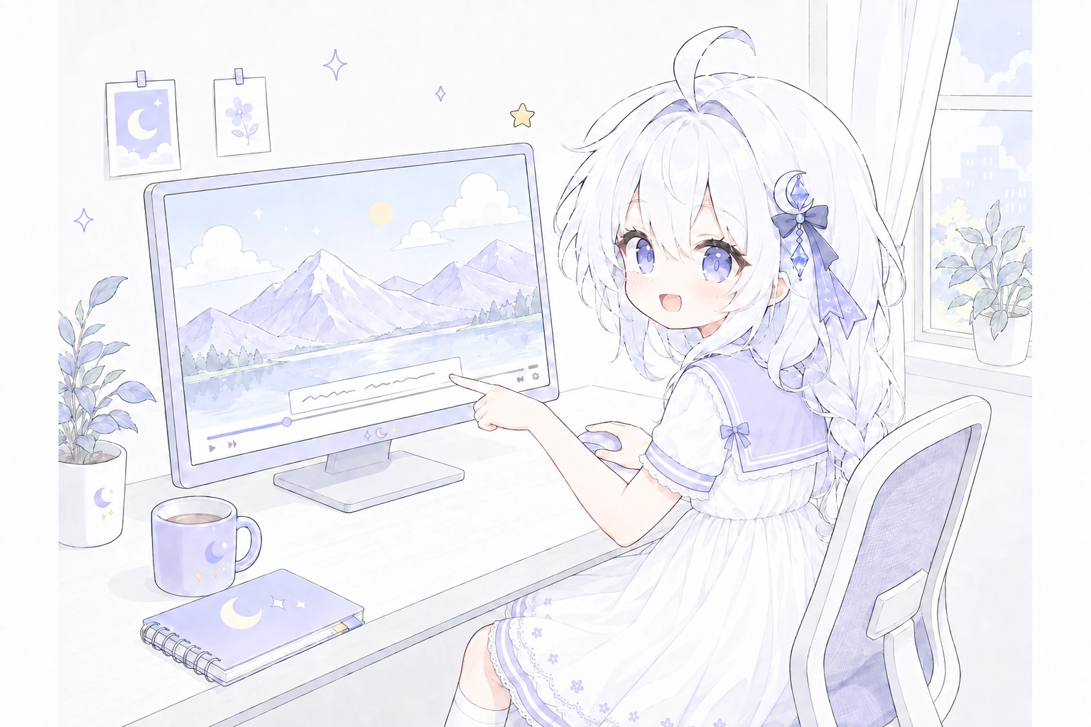 白发女孩从电脑前转过身，指着视频画面里的字幕区域