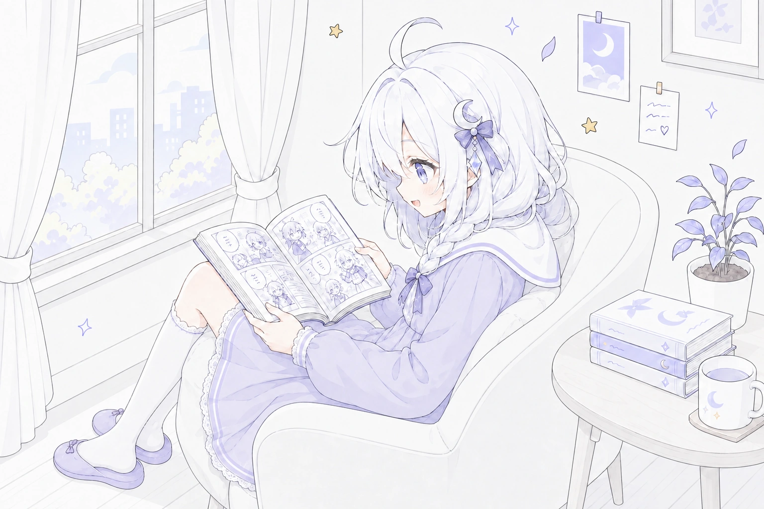 从侧后方看，白发女孩坐在窗边扶手椅里读漫画，书页朝向她，双手托着书