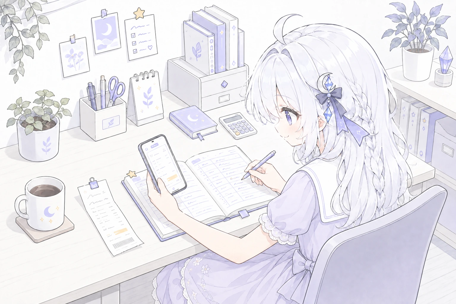 从肩后看，白发女孩对照手机里的账目和面向自己的账本做记录