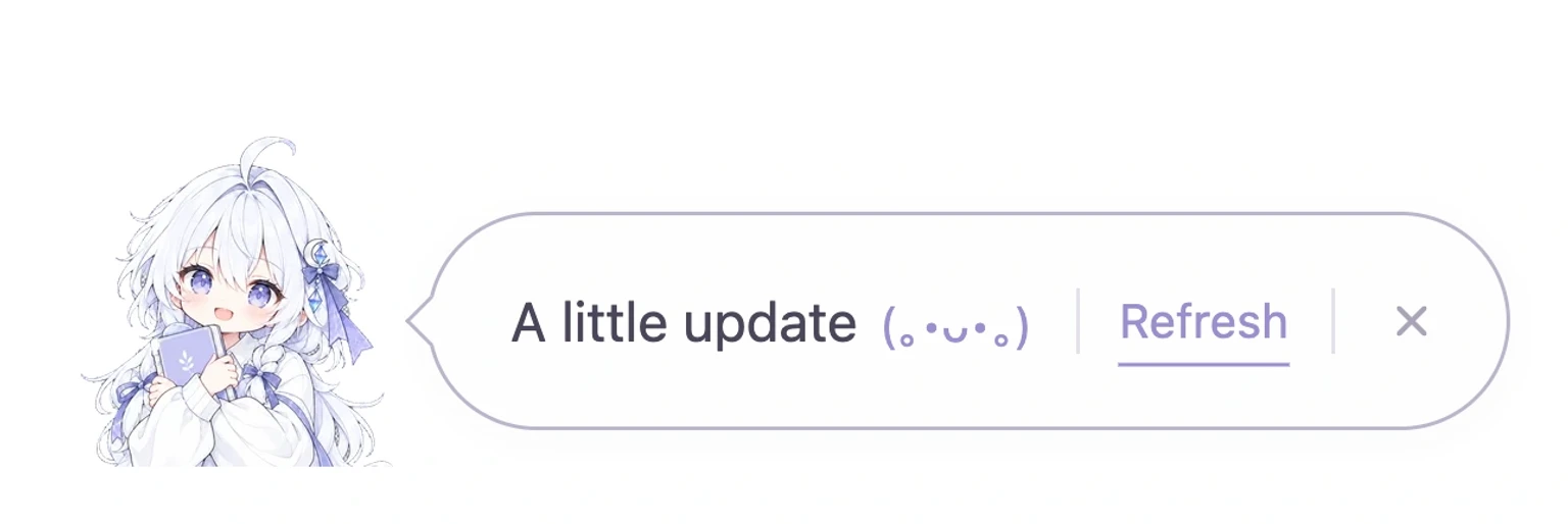 A white-haired girl holds a notebook beside a page update notice with Refresh and dismiss buttons