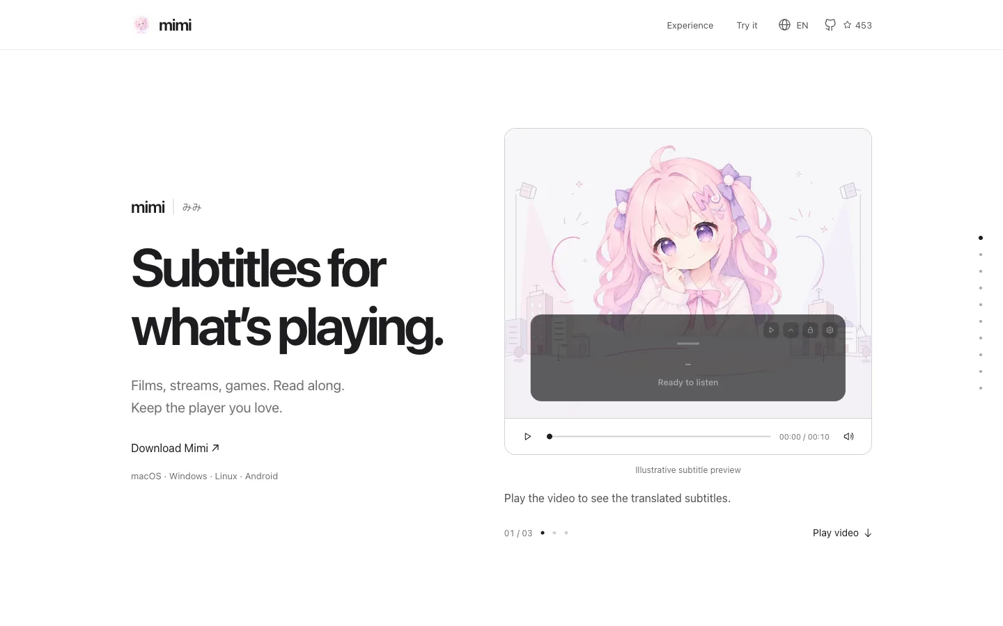 Mimi website, showing its headline and character illustration.